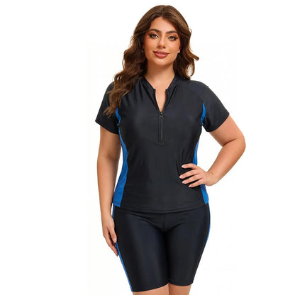 Plus Size Women Modest Swimwear Short Sleeve Swimsuit Rash Guard Tummy Control Two Piece Surf Suit Beachwear UPF 50 Bathing Suit