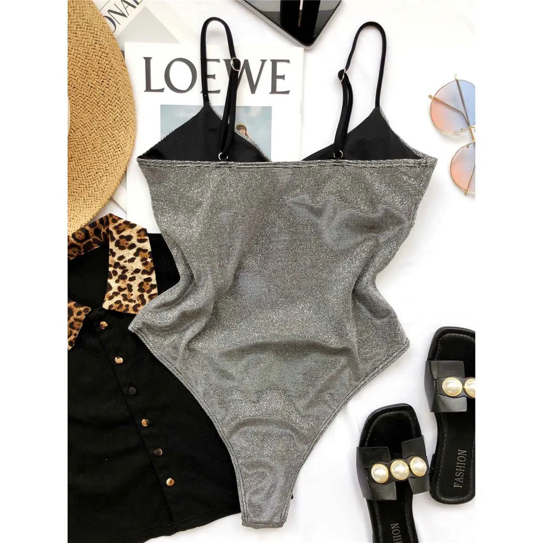 S - XL V Neck High Cut One Piece Swimsuit Women Swimwear Female Bather Shiny Glitter Sparkling Bathing Suit Swim