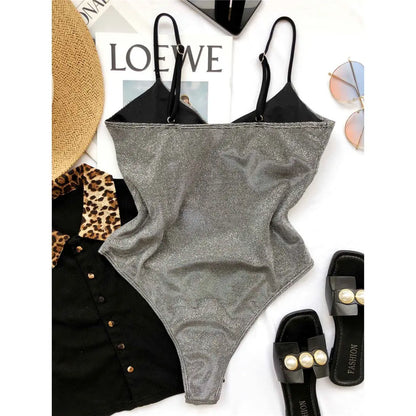 S - XL V Neck High Cut One Piece Swimsuit Women Swimwear Female Bather Shiny Glitter Sparkling Bathing Suit Swim