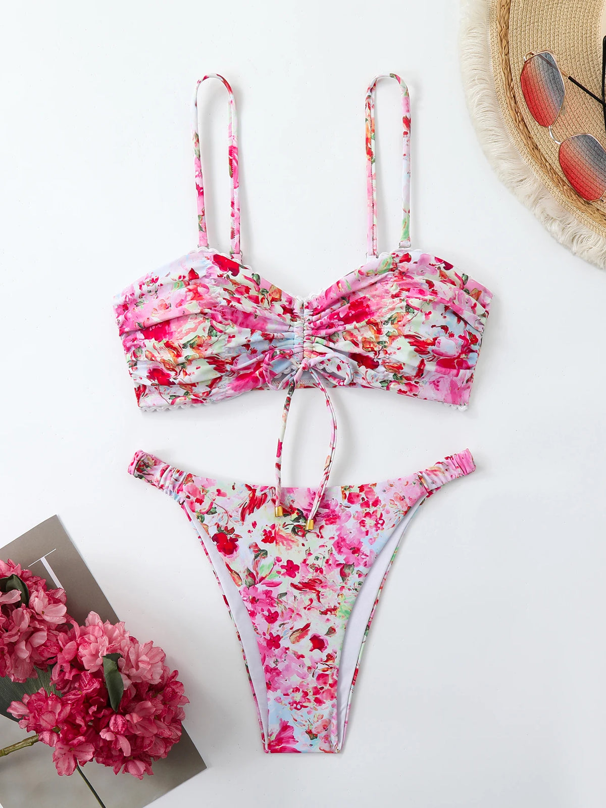 Women's Floral Strappy Bikini Set with Bow Detail