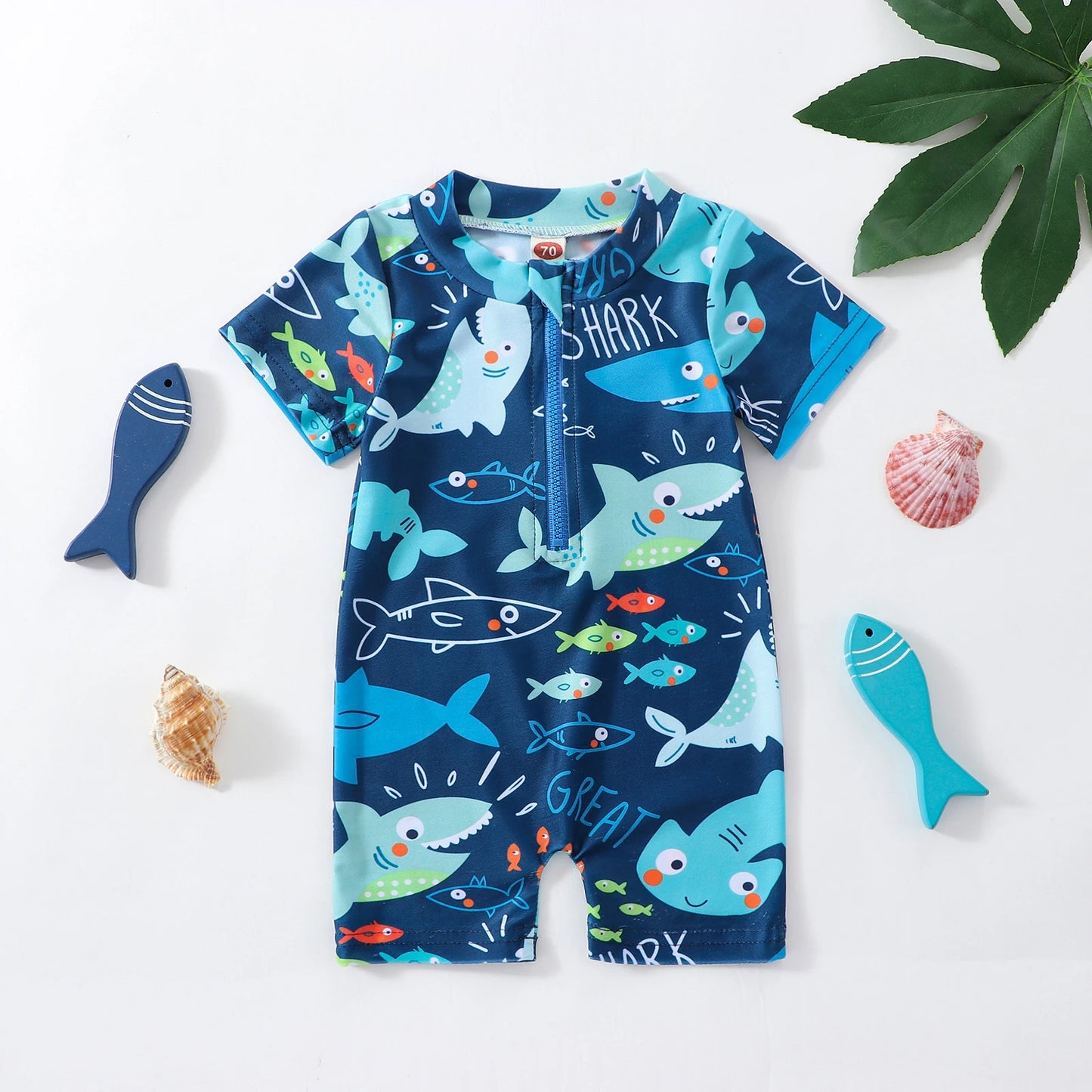 Toddler Baby Boys Shark Printed Rush Guard Kids Cute Beachwear Short Sleeve Swimwear Zipper Jumpsuit Infant Swimsuit
