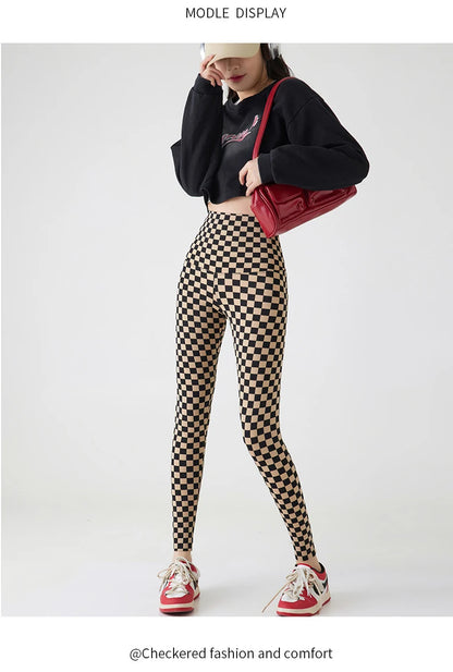 Checkerboard Plaid Shark Leggings Women High Waist Tight Slim Push Up Leggings Seamless Sports Fitness Leggings