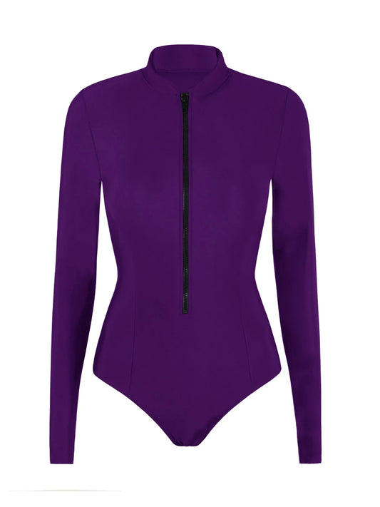 Rash Guard Swimsuit Women With Zipper Solid Long Sleeve Surfing Swimwear Female Bather Bathing Swimming Suit Beachwear