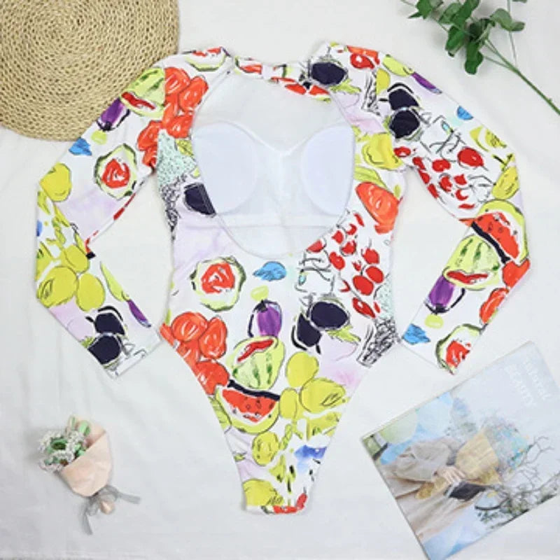 One Piece Swimsuit Swimwear Women Long Sleeve Backless Vegetables Fruits Print Sports Surfing Bathing Suit Beachwear
