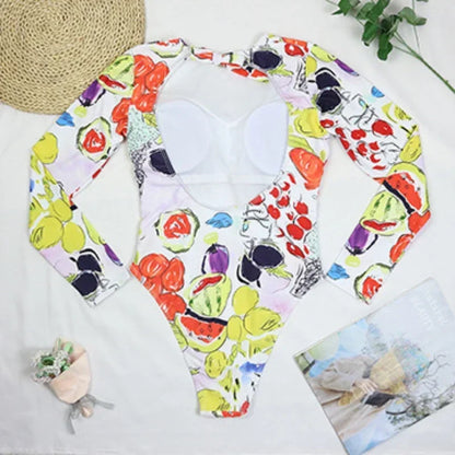 One Piece Swimsuit Swimwear Women Long Sleeve Backless Vegetables Fruits Print Sports Surfing Bathing Suit Beachwear