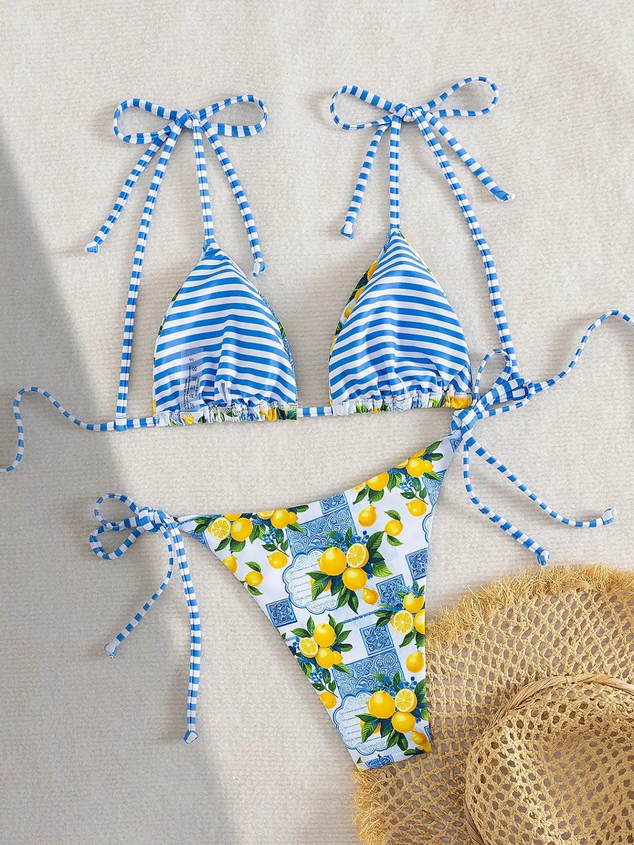 Blue Fruit Print Micro Bikini Women Tie Up Strap Push Up Triangle Swimsuit Beach Bathing Suit Holiday 2 Piece Swimwear