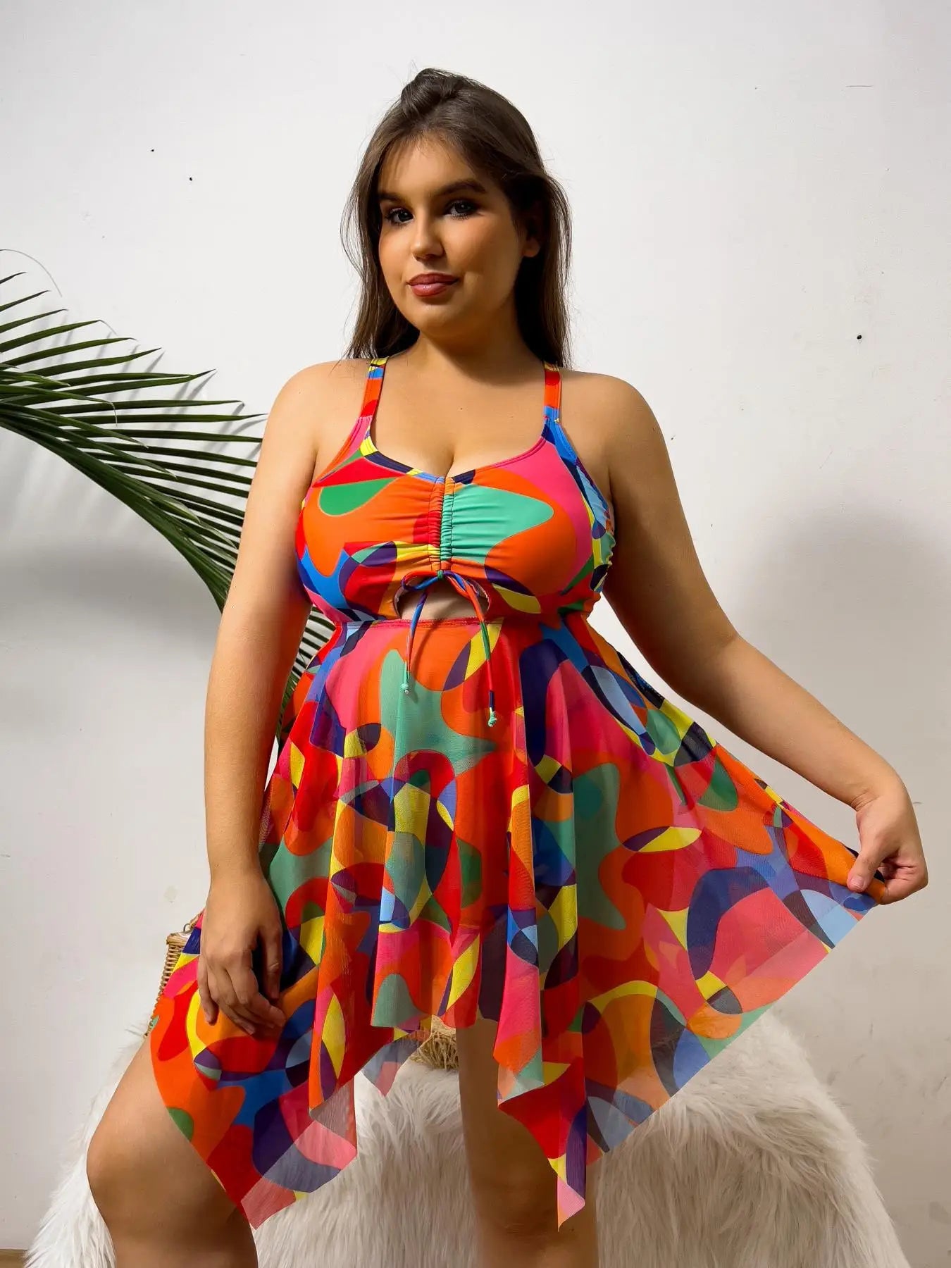 Color Print Strapped 2 Piece Plus Size Tankini Set Women Large High Waist Big Swimsuit Brazilian Lady Curvy Bathing Suit