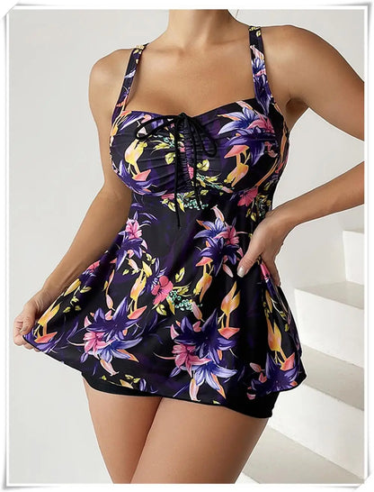 Drawstring Tankini Set Two Piece Swimsuit Short Women Floral Printed Swimwear Female Bathing Suit Beachwear Swimming