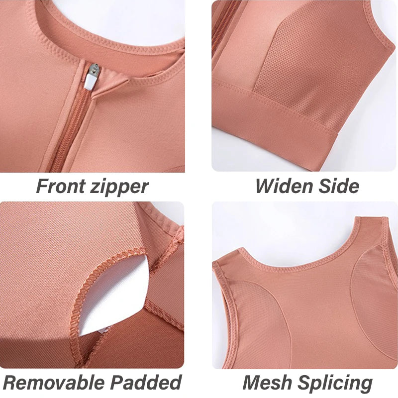 Women's Shockproof Gathered Front Zipper Yoga Bra With Padded Cup Wireless I-shaped Back With Mesh Running Sports Vest