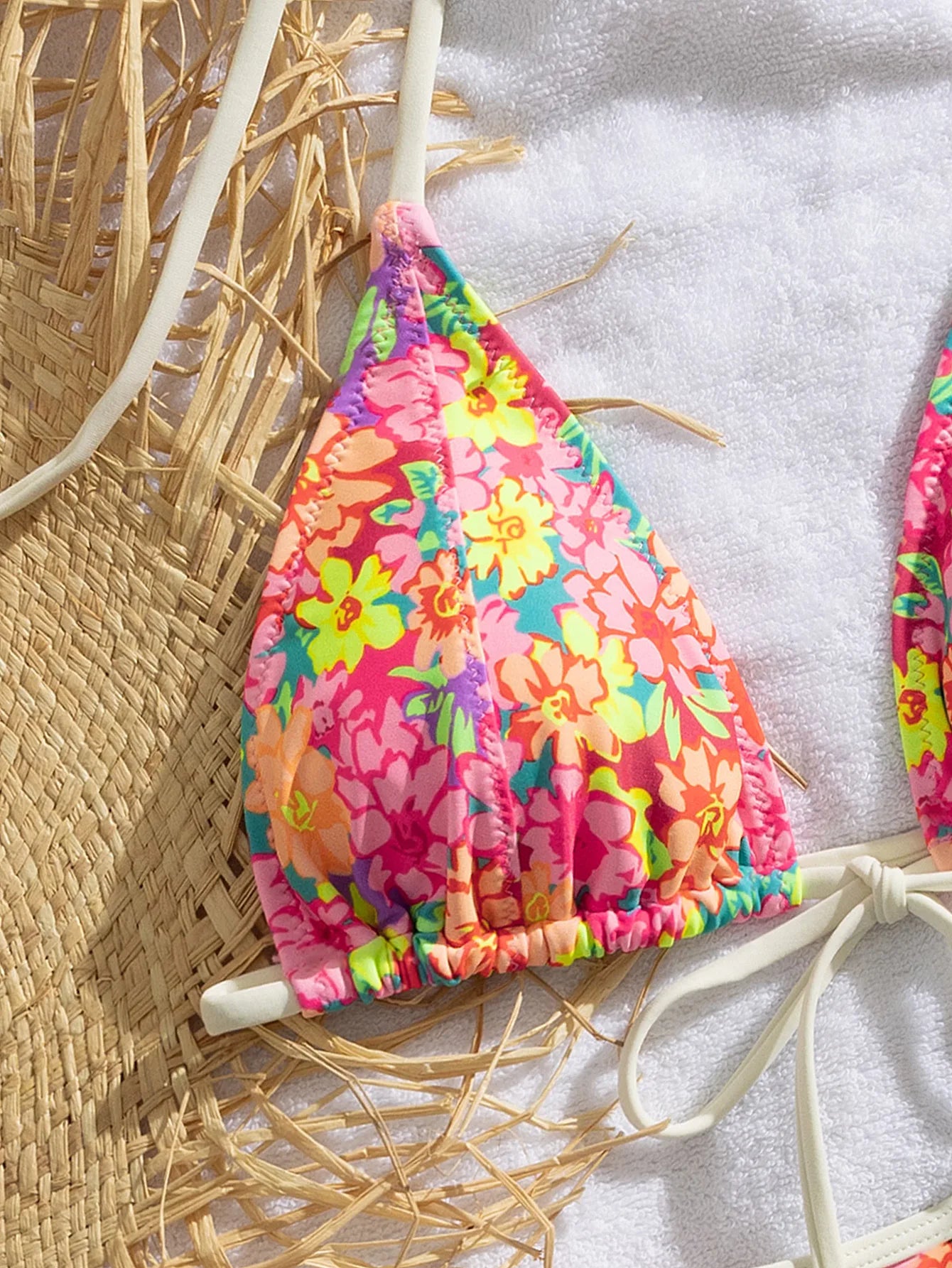 Pink Floral Print Micro Bikini Women Front Tie Push Up Bra Thong Swimsuit Beach Bathing Suit Vacation Swimwear Biquini