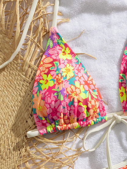 Pink Floral Print Micro Bikini Women Front Tie Push Up Bra Thong Swimsuit Beach Bathing Suit Vacation Swimwear Biquini