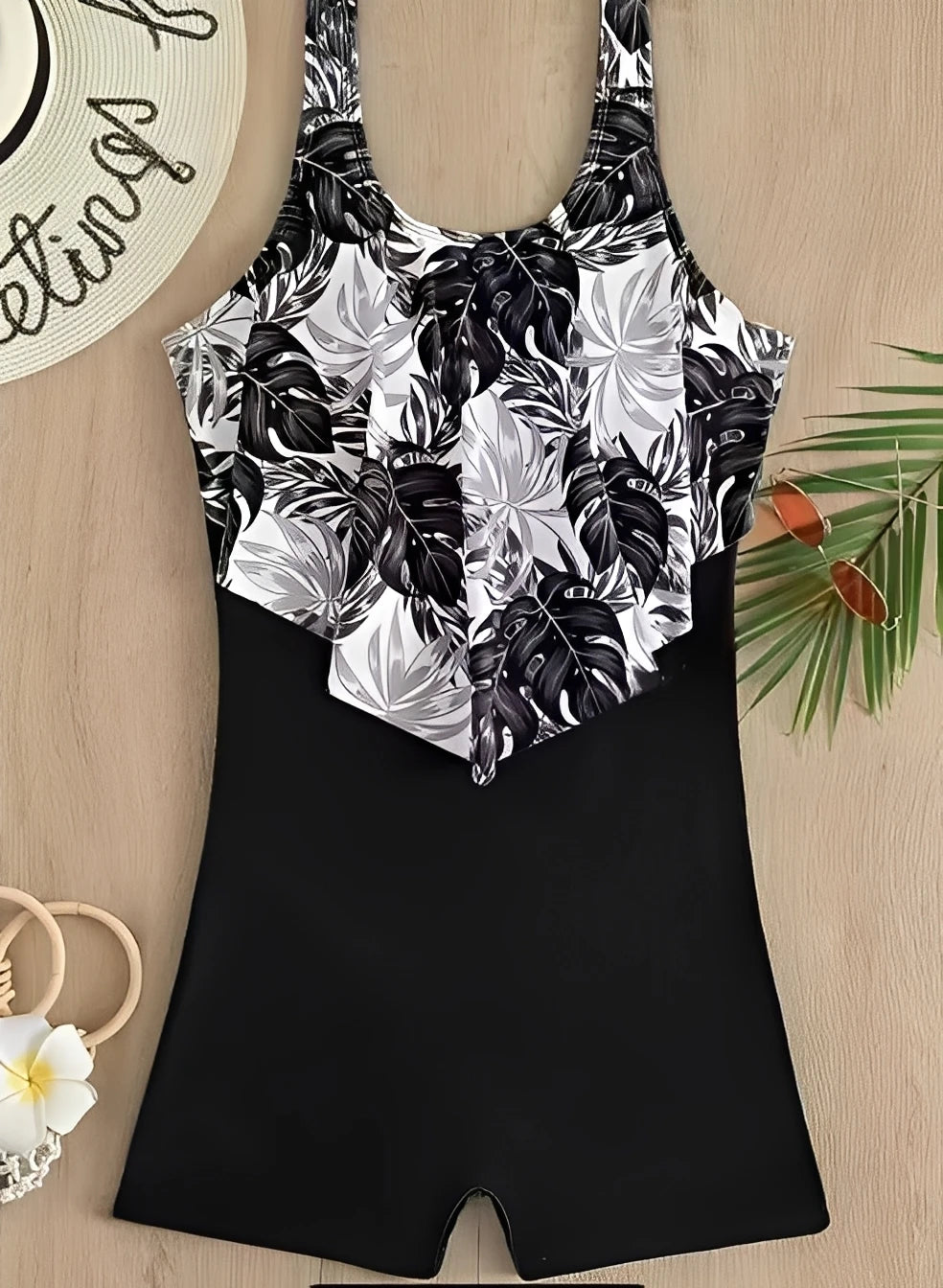 Ruffle Printed Swimsuit One Piece Black Swimwear Women Bathers Bathing Swimming Swim Suit Female Beachwear