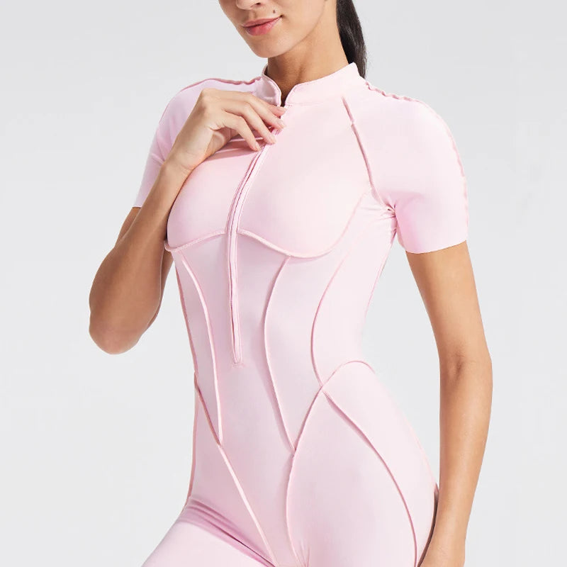 Women's Short-Sleeve Zip-Front Open-Back Workout Playsuit