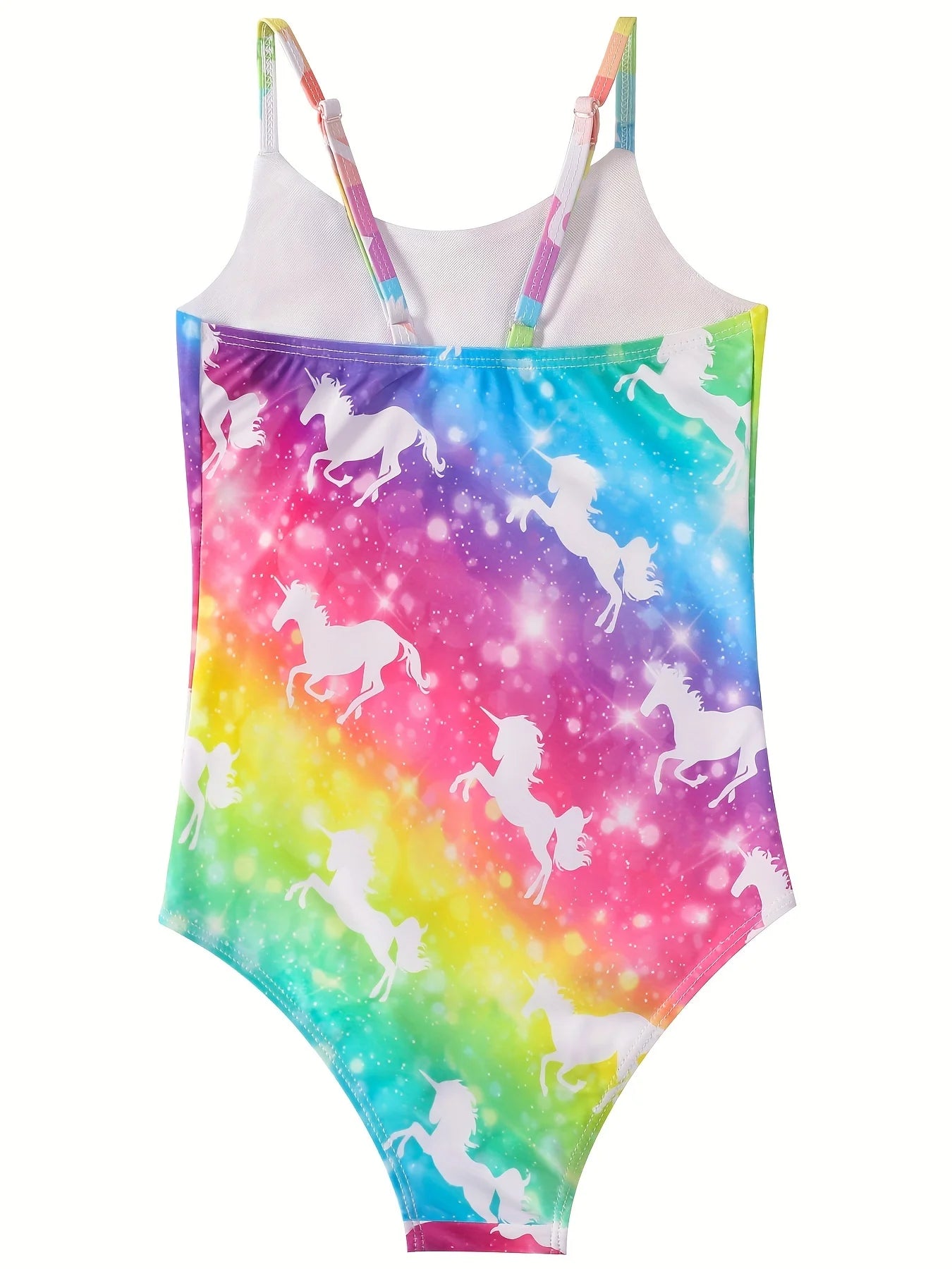 Girls Swimsuit, One-Piece All-Over Print Swimwear, Bikini Cut Bottom, Rainbow Shimmer Pattern, Beach Pool Bathing Style, Summer