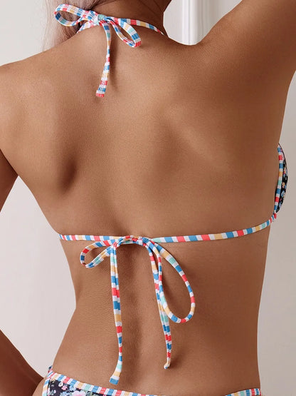 Floral Triangle Bikinis Women Printed Swimsuit Lace Up String Swimwear Female Bathers Bathing Swimming Swim Suit Beachwear