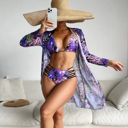 Print Swimsuit Women Hollow Out Bikini Bathing Suit Long Sleeve Cover-Ups Summer Swimwear Holiday Three-piece Beachwear Bikini