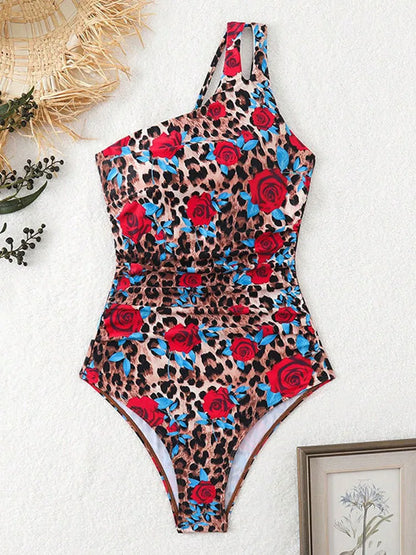 Hollow One-shoulder Swimwear Women Print Push UP One Piece Swimsuit Monokini Summer Beach Lady Bathing Suit