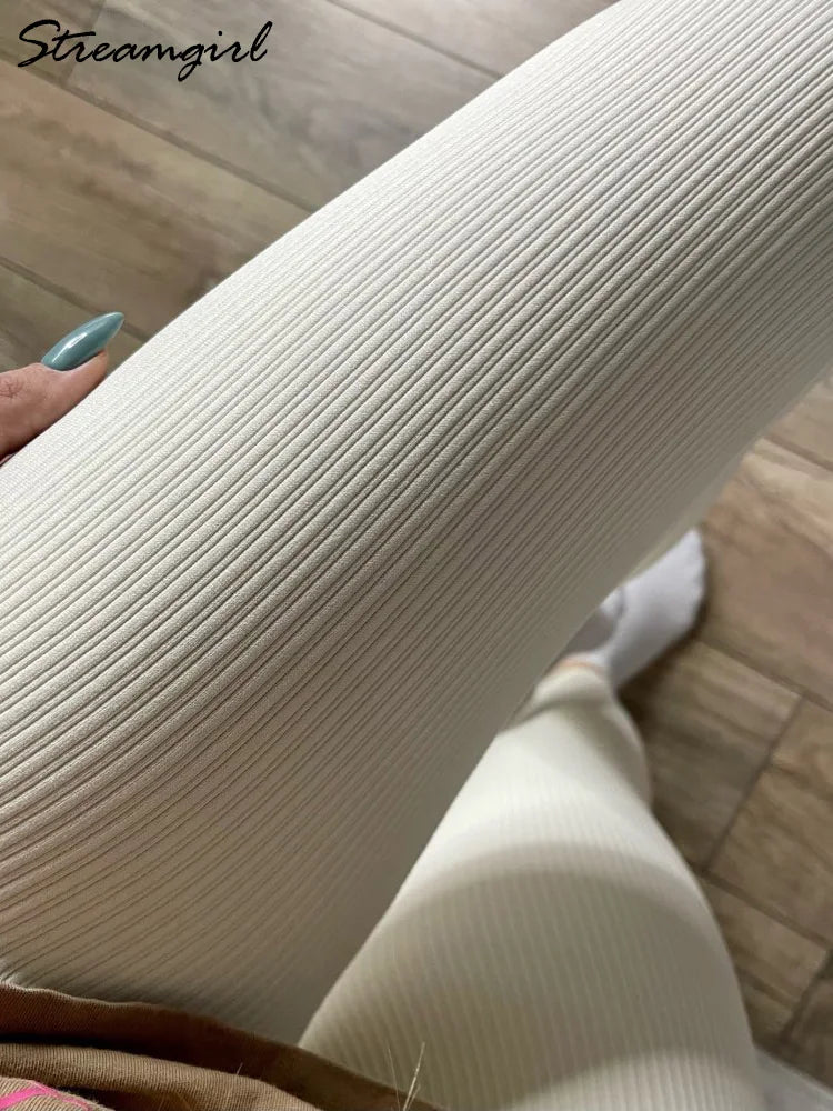 10% Spandex Thermal Leggings Women High Waist Stretch Fitness Tights Spring Black Gym Ribbed Leggings Women Beige