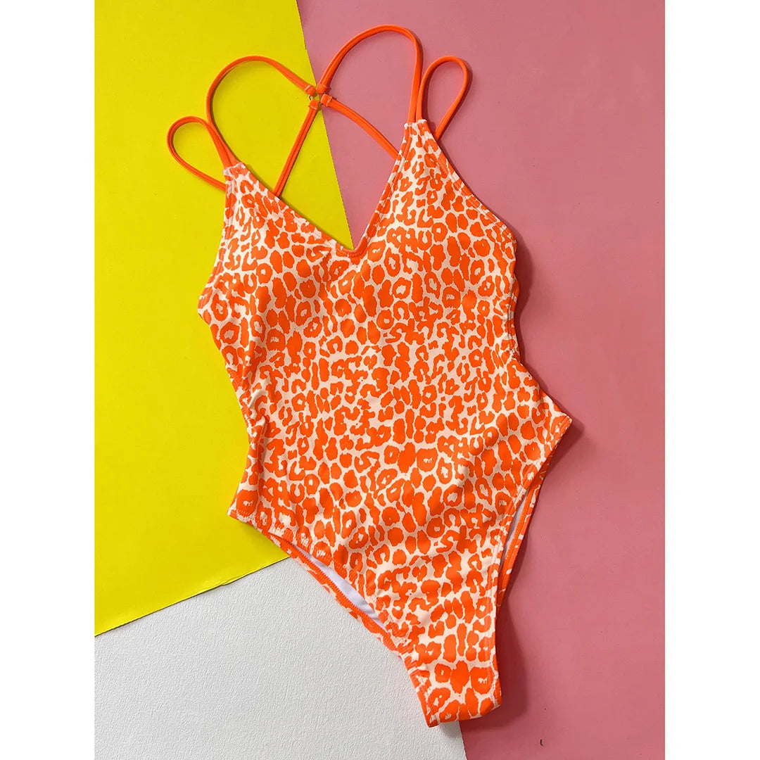 S - XL V Neck Leopard Printed One Piece Swimsuit Women Swimwear Female Backless High Cut Bather Bathing Suit Swim