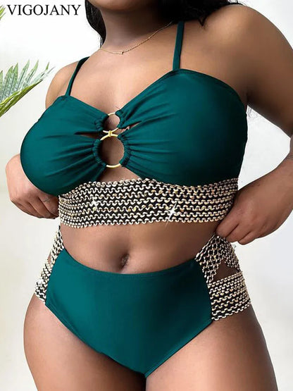 Patchwork Hollow Two Piece Plus Size Bikini Women Strapped High Waist Swimsuit Brazilian Beach Lady Bathing Suit