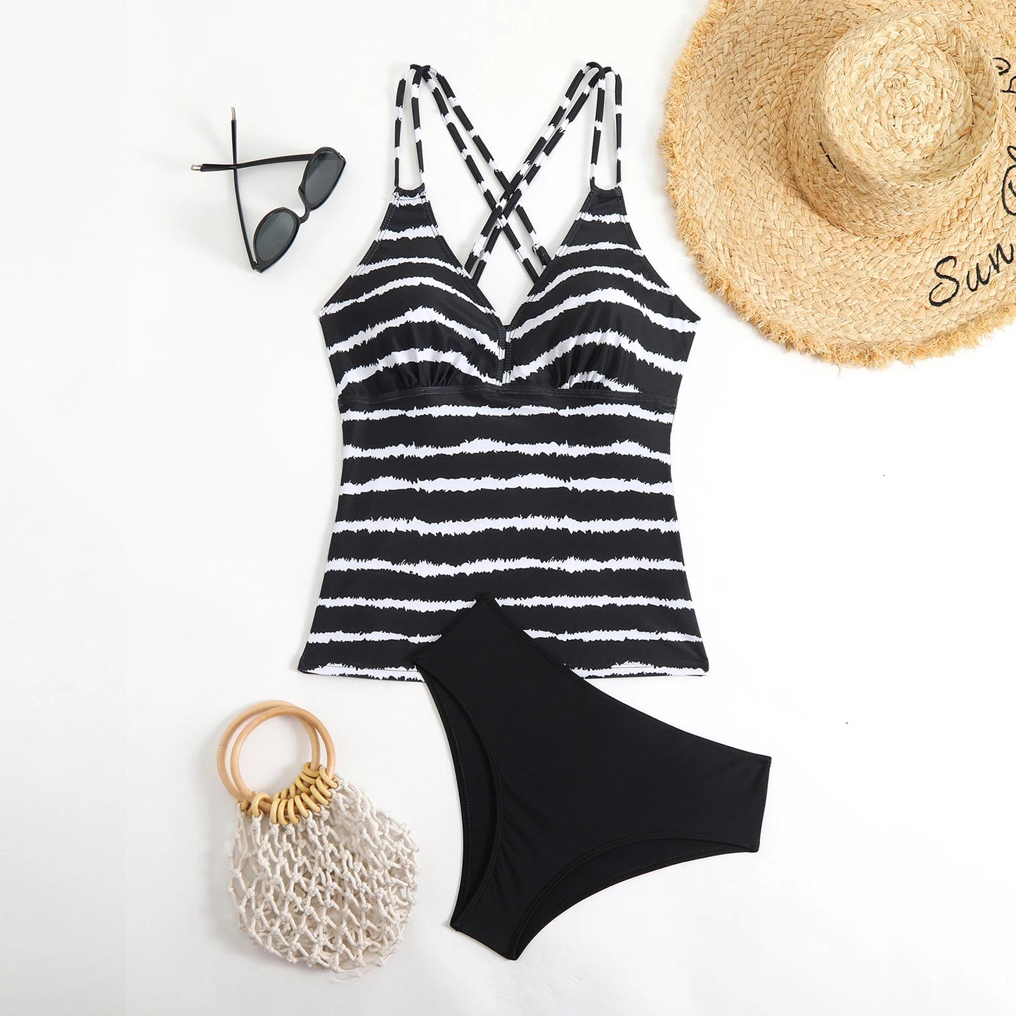 Strappy Tankini Set Two Pieces Swimsuit Women Striped Swimwear Female Bathers Bathing Swimming Swim Suit Beachwear XXL