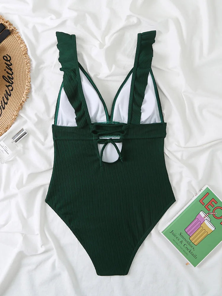 Ruffle Swimsuit One Piece Solid V-neck Backless Swimwear Women Bathing Swimming Swim Suit Female Padded Beach Wear Summer