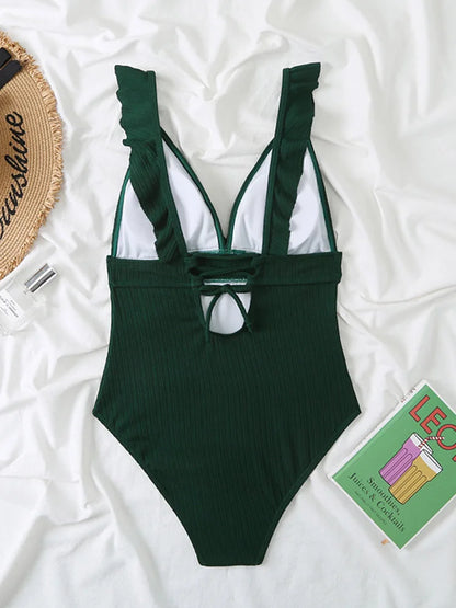 Ruffle Swimsuit One Piece Solid V-neck Backless Swimwear Women Bathing Swimming Swim Suit Female Padded Beach Wear Summer
