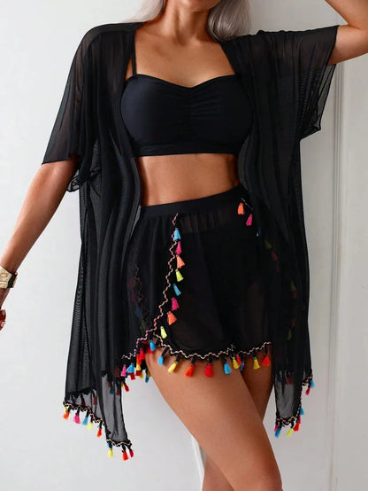 Womens Bikini with cover up sunscreen blouse tassel bikini four-piece swimsuit women's suit