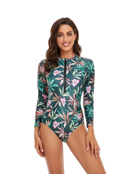 Long Sleeve Swimwear Women Rash Guard Zipper Surf suit Woman Swimsuit One-Piece Bathing Suit Beach Wear Monokini Bikini