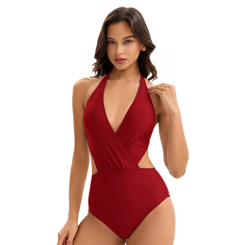 Swimwear One Piece Swimsuit Tummy Control Deep V Neck Bathing Suit for Women Lady Solid Backless Beach Wear
