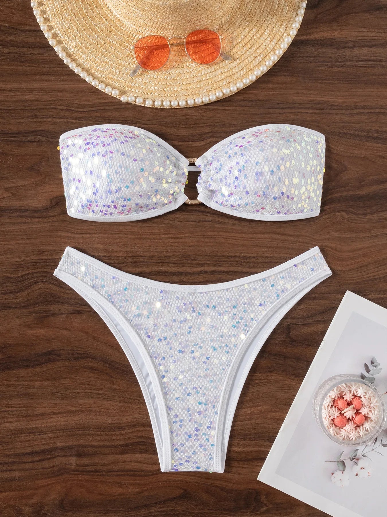 Shiny Sequin Bandeau Bikini Sets Women Front Push Up Micro Bikini Swimsuit Summer Red Bathing Suit Thong Swimwear Biquini