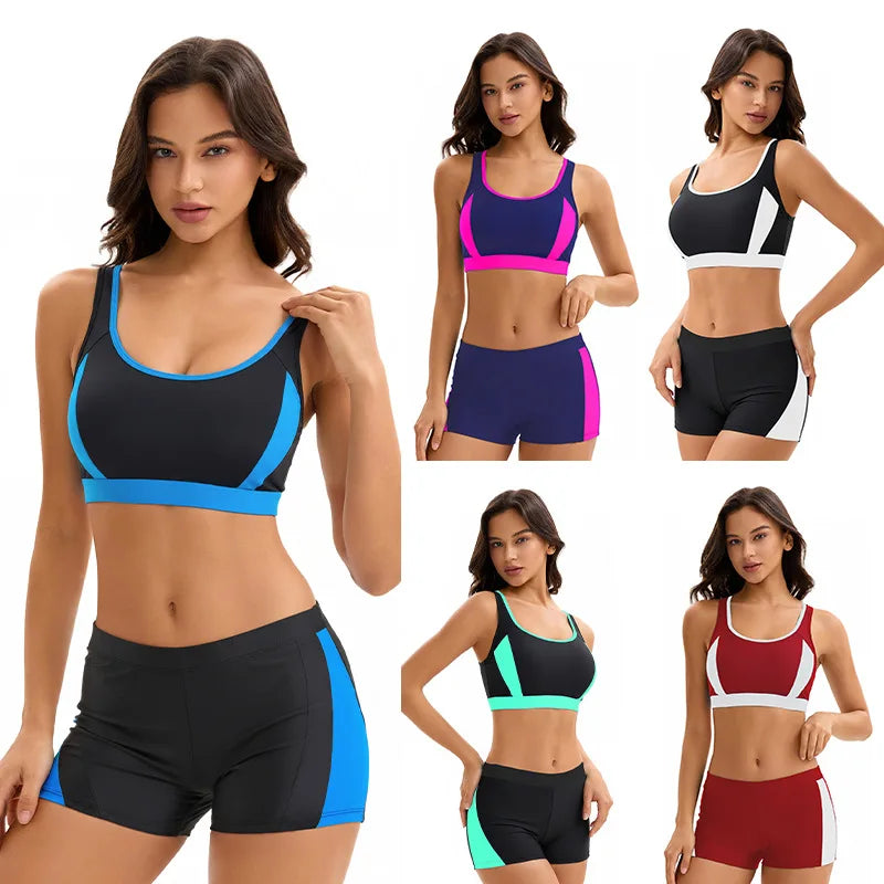 Two Piece Bikinis Swimsuits for Women Tummy Control Bathing Suit with Shorts Athletic Swimwear  Block Color Swimming Wear