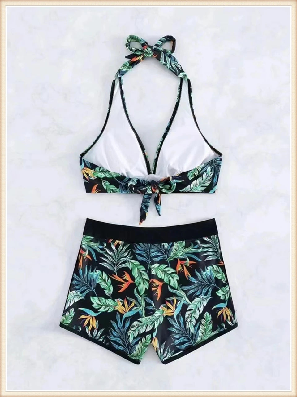 Halter Bikini Women High Waist Swimwear Female Swimsuit Leaf Printed Beachwear Bathing Swimming Suit Summer Beachwear