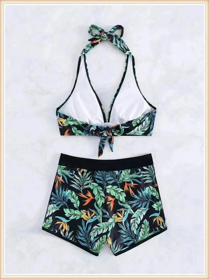 Halter Bikini Women High Waist Swimwear Female Swimsuit Leaf Printed Beachwear Bathing Swimming Suit Summer Beachwear