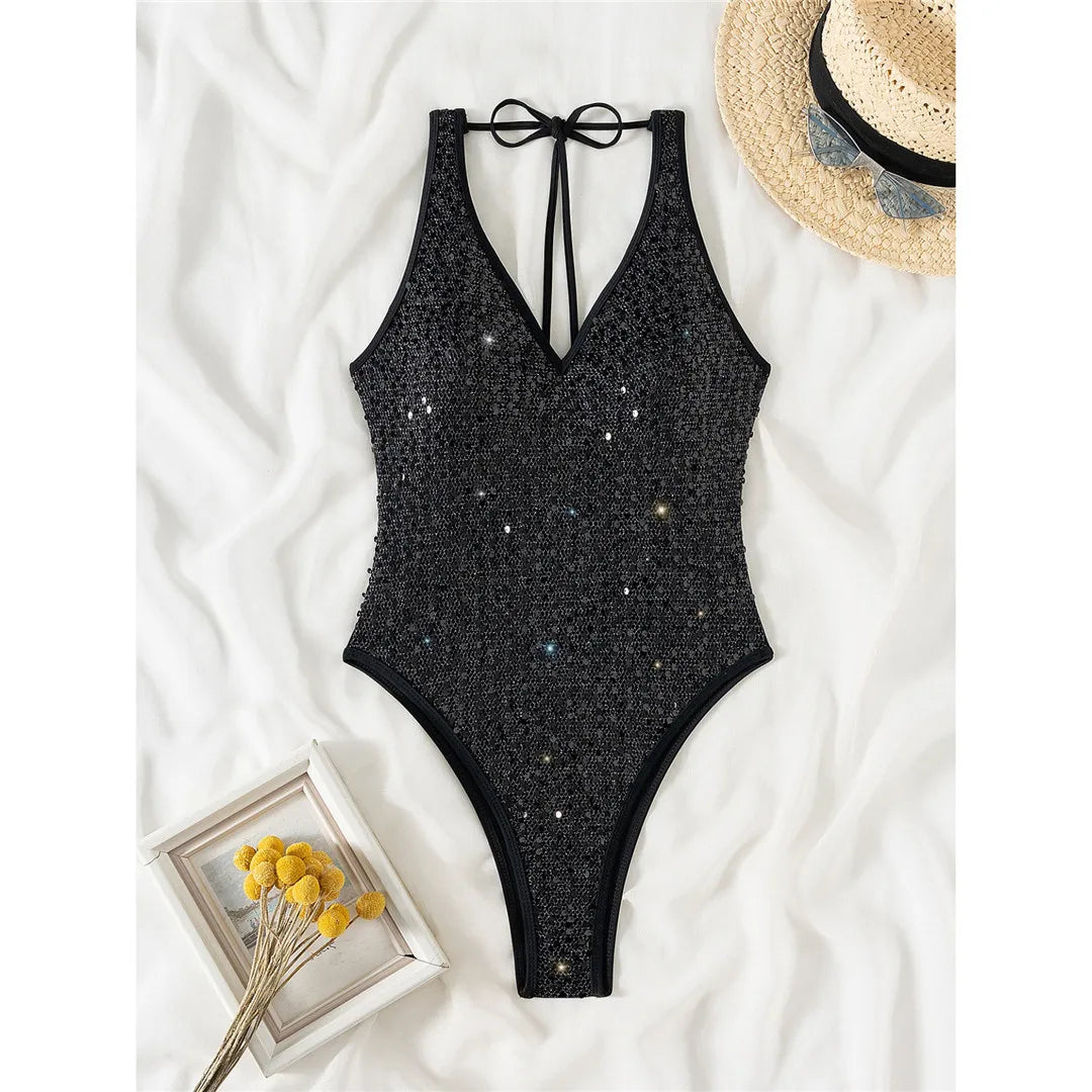 Sparkling Sequins V Neck Backless Women Swimwear One Piece Swimsuit Female Monokini High Cut Bather Bathing Suit Swim