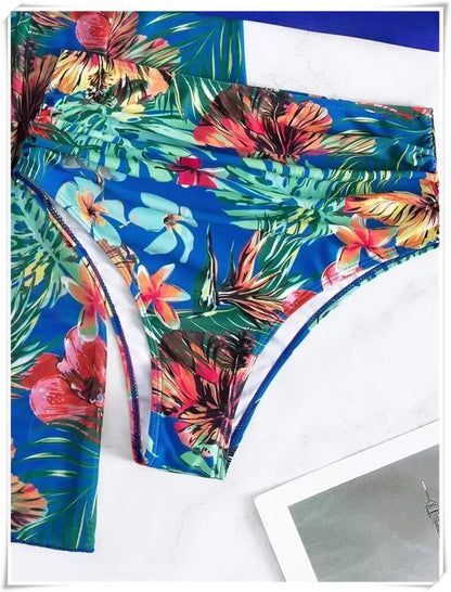 3 Piece Bikini Set Women Cover Up Swimwear Female Tropical Printed Swimsuit Push Up Beachwear Long Sleeve Bathing Suit