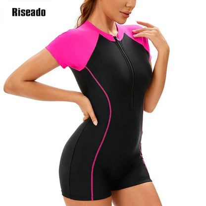 Womens Athletic Swimwear Short Sleeve Zip Front One Piece Swimsuit Full Body Modest with Boyshorts