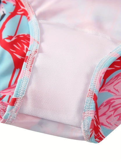 Bikini Cut Bottom Swimwear Kids Girl Orange Long Sleeve Swimming Suit Animal Flamingo Print Beach Teens Summer Swimsuit