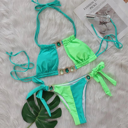 8 Colors Diamond Rhinestones Splicing Bikini Women Swimwear Female Swimsuit Two-pieces Bikini set Bather Bathing Suit Swim