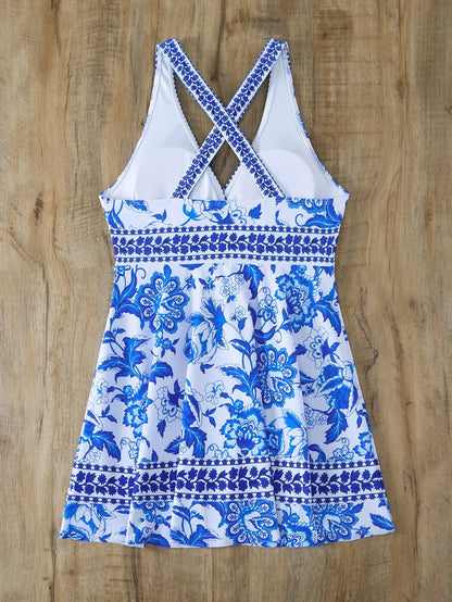 Summer Two Pieces Swimsuit Vintage Floral Print Swimwear Female Tankini Sets Deep V Beach Wear Women Swimming Bathing Suit