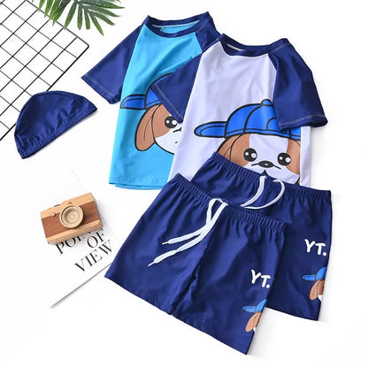 Children's Swimming Suit Teenage Boys' Swimsuits with Cap Cartoon Dog Sun Protection Short Sleeved Sports Swimwear Kids
