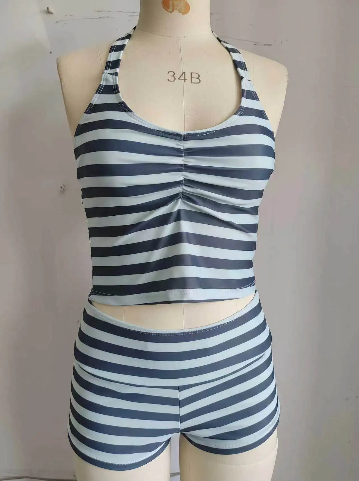 Striped Halter Tankini Set – 2-Piece Ruched Top & Boyshort Swimsuit