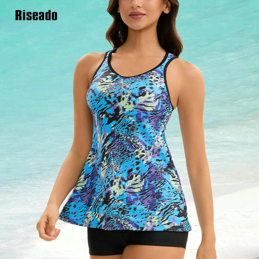 Summer Modest Tankini Swimsuits for Women Two Piece Bathing Suits with Sporty Boy Shorts for Tummy Control
