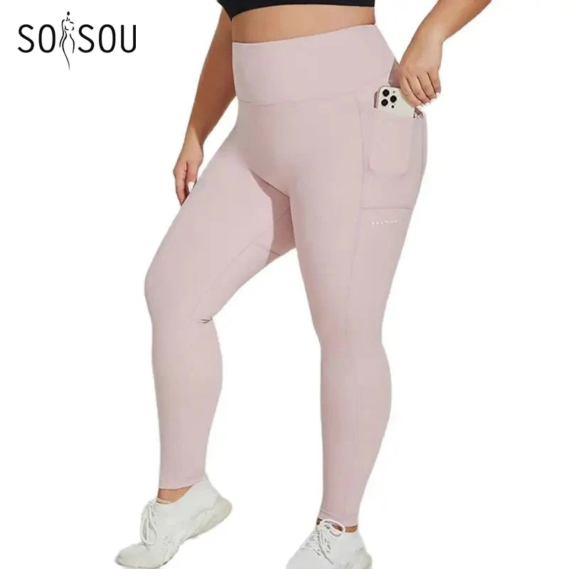 XL~4XL Gym Leggings Yoga Oversized Women's Pants Two Side Pockets Tight Breathable Elastic High Waist Womens Clothing