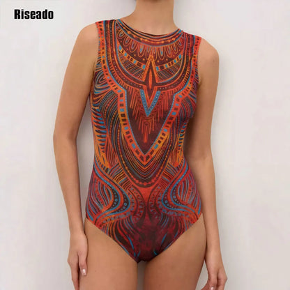 One Piece Women's Swimsuit Retro Print Vintage Russia Swimwear Sleeveless Bodysuit Large Size Summer Suit