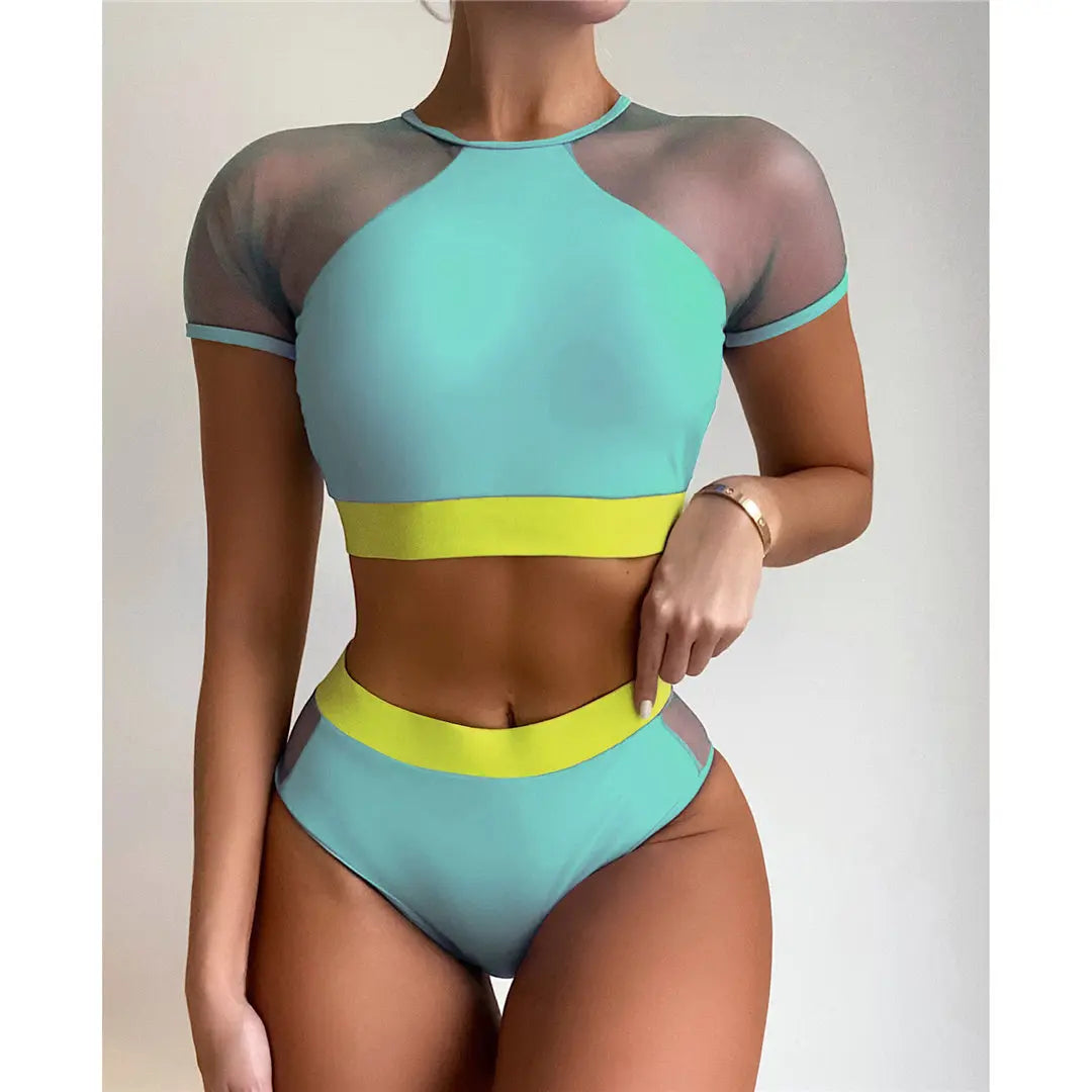 Neon Colours Short Sleeve Mesh High Waist Bikini Women Bikini Sets