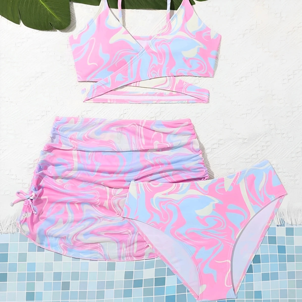 3 Pieces Tie Dye Print Bikini  Girls Swimsuit with Skirt Kids Swimwear Female Bathers Bathing Swimming Swim Suit Beachwear