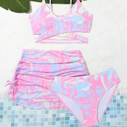 3 Pieces Tie Dye Print Bikini  Girls Swimsuit with Skirt Kids Swimwear Female Bathers Bathing Swimming Swim Suit Beachwear