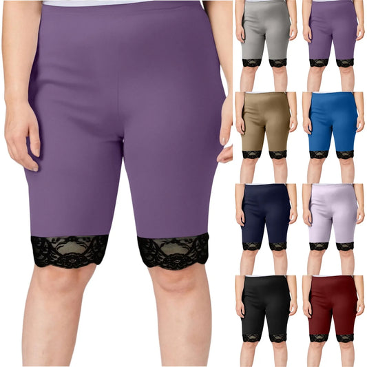 Plus size yoga shorts women's fashion large solid color shorts lace splicing bottom pants with elastic waist sports shorts