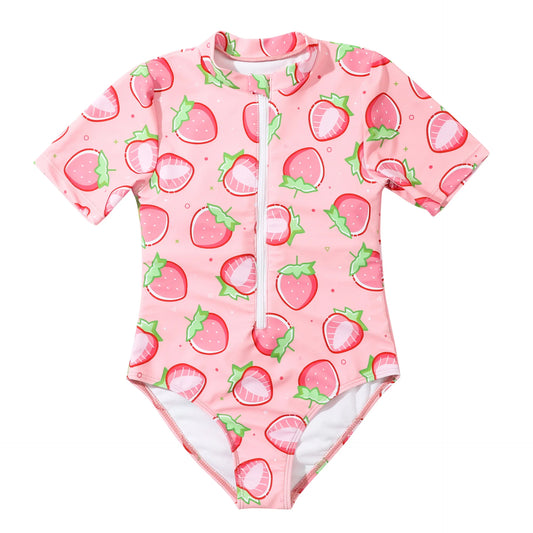 Pink Strawberry Girls One Piece Swimsuit 7-12 Year Kids Swim Suit Zipper Children's Swimwear 2024 Surf Bathing Suits